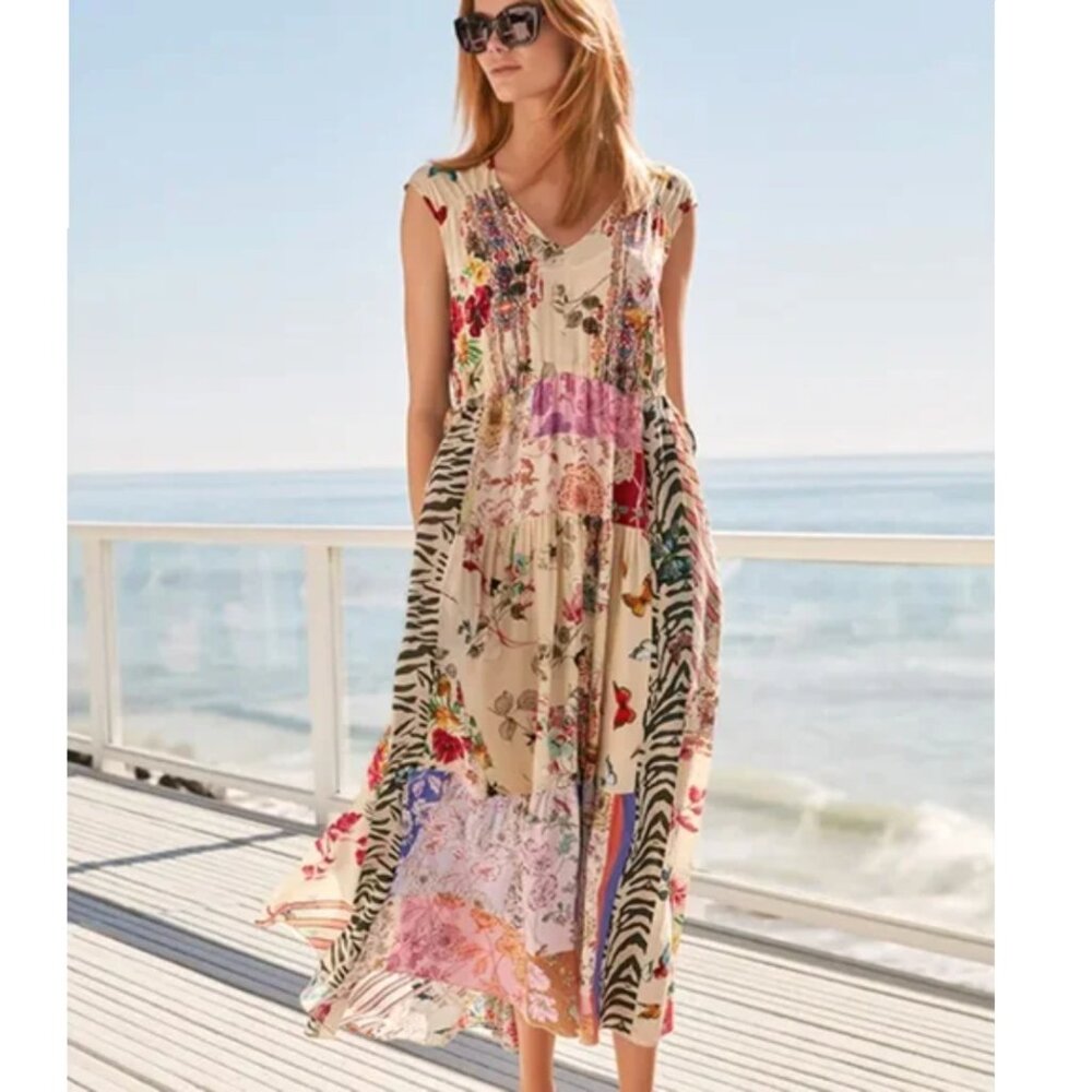 Johnny Was Cream Floral Patchwork Midi Dress with Multicolor Accents 100% silk